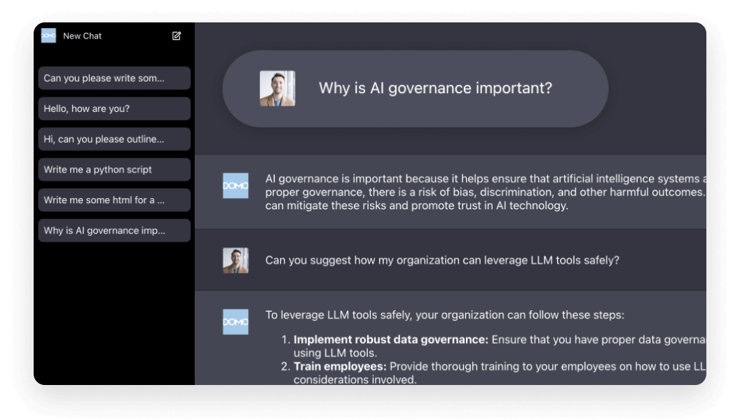 product feature domo ai governance llm model chat 2x